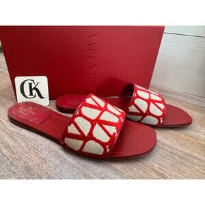 Valentino Garavani Red Ivory Jacquard Slides | Size 40.5 | NIB